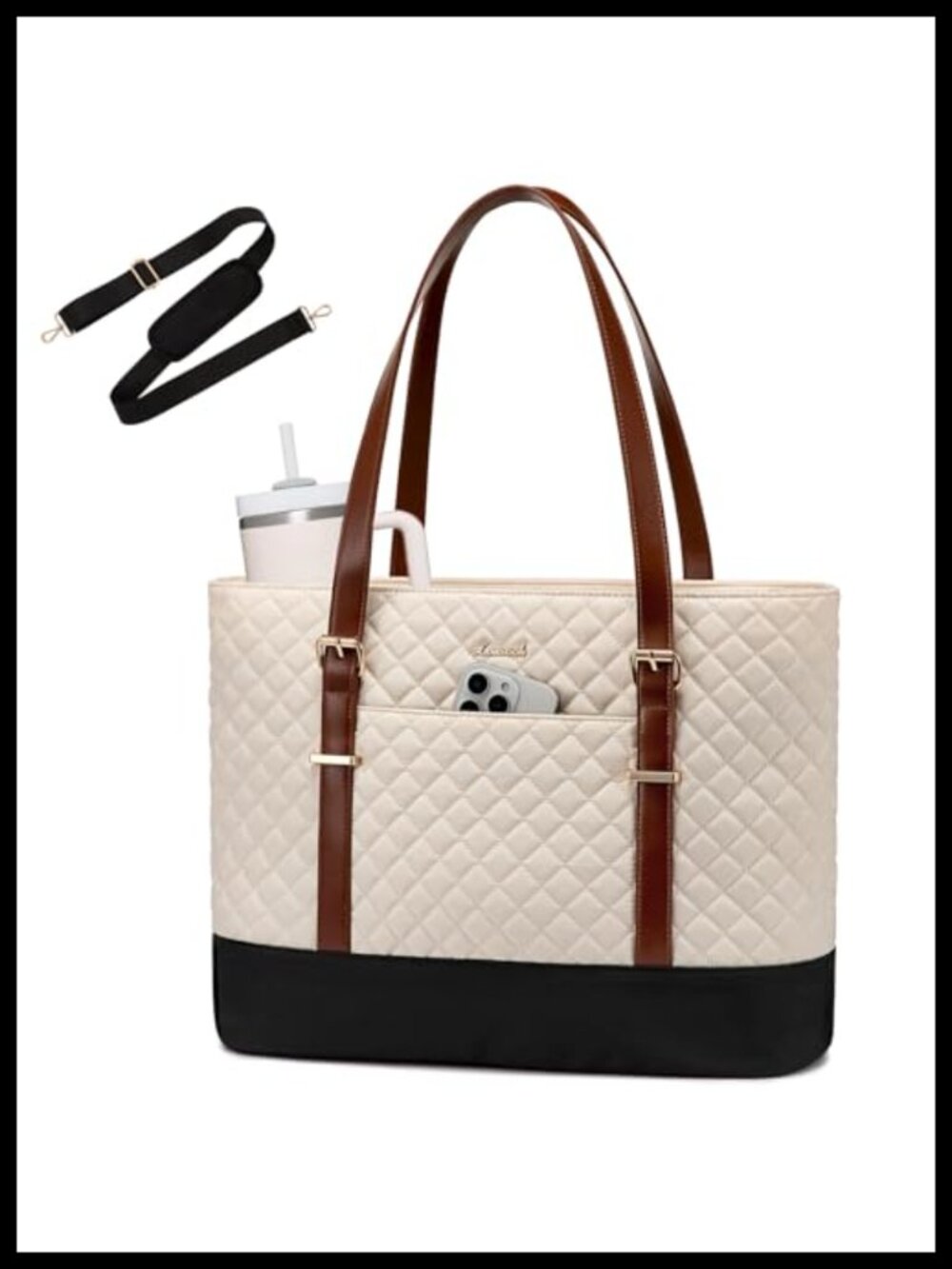 Quilted Laptop Tote Bag 15.6 Inch Work Briefcase with Cup Holder Water Resistant
